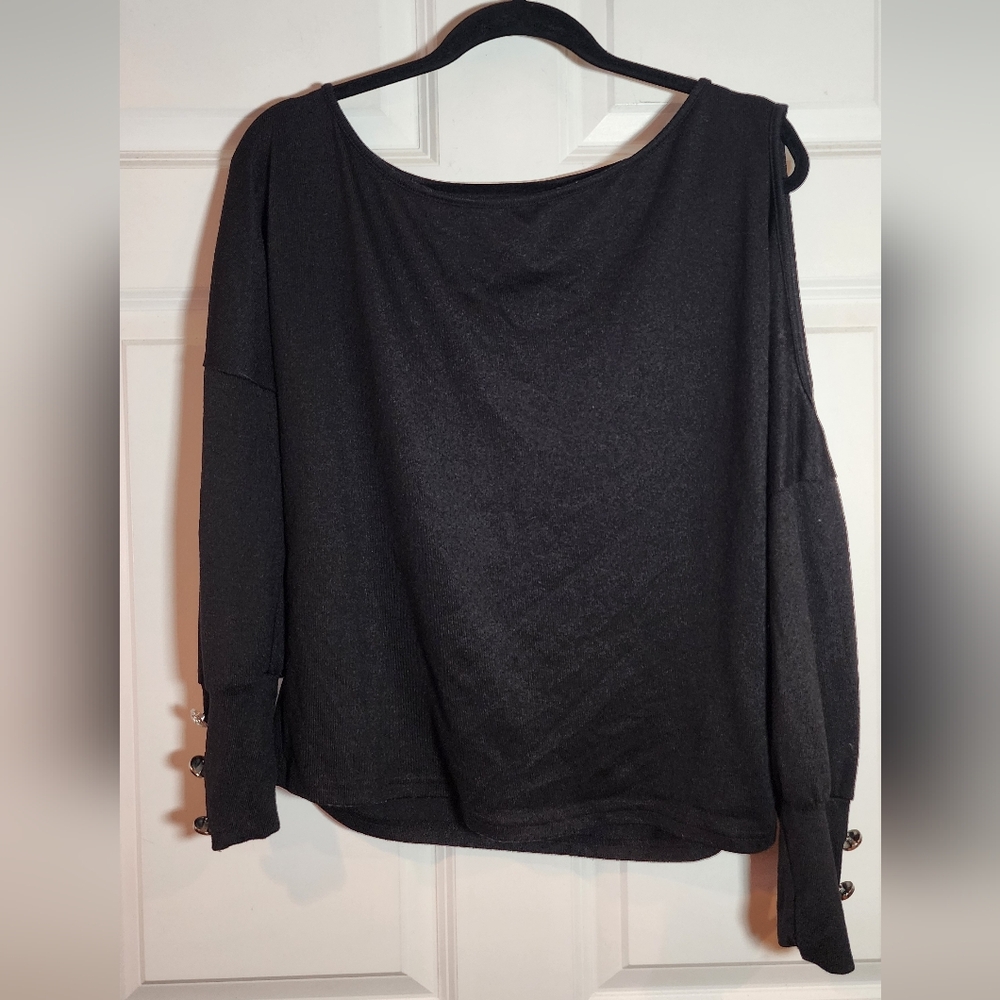 Women's Black Long Sleeve Top 1 Shoulder Cutout Button Detail Medium